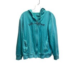 Life Is Good Womens Full Zip Hoodie Jacket Turquoise Size L 100% Cotton With Fle